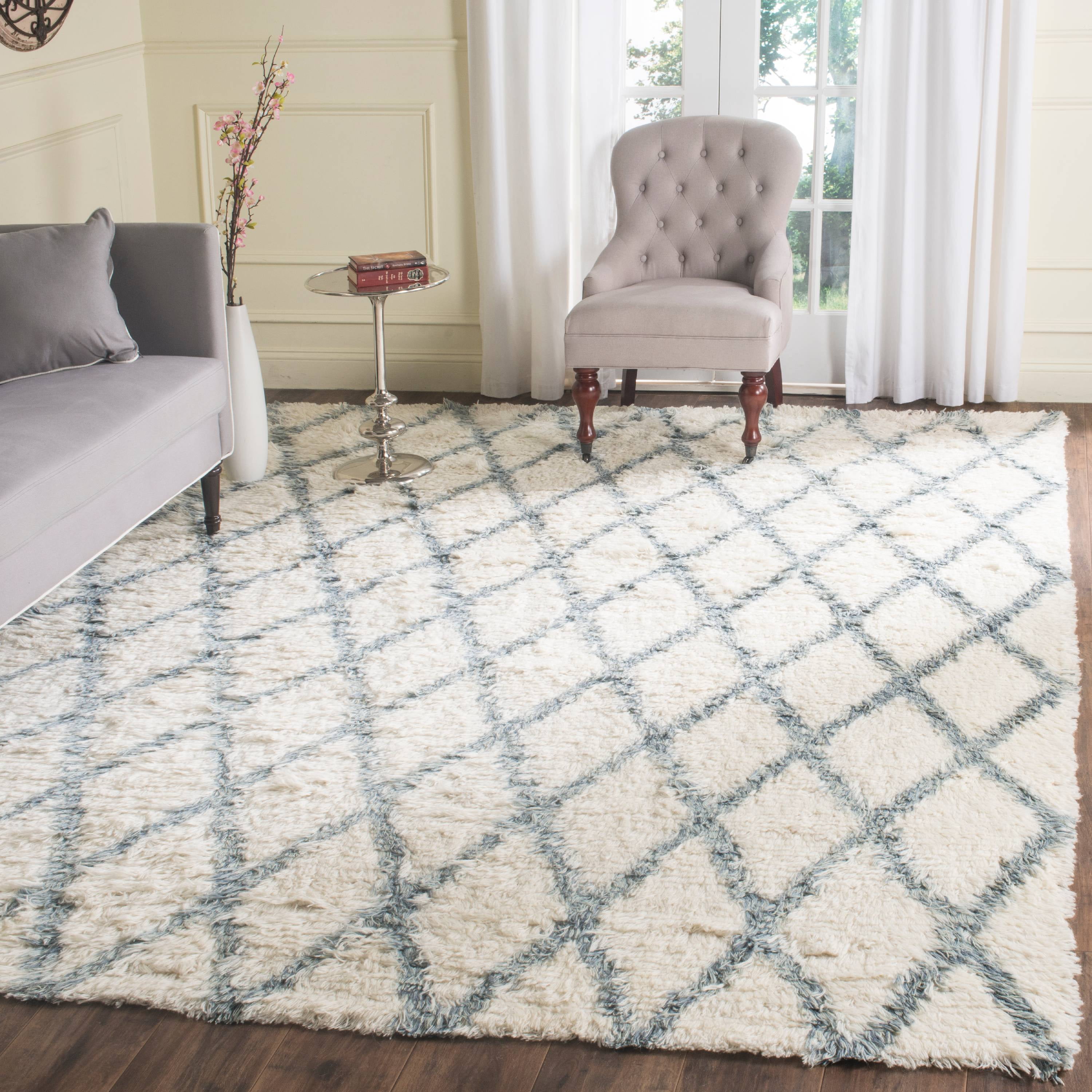 Ivory and Blue Hand-Knotted Wool 9' x 12' Rug