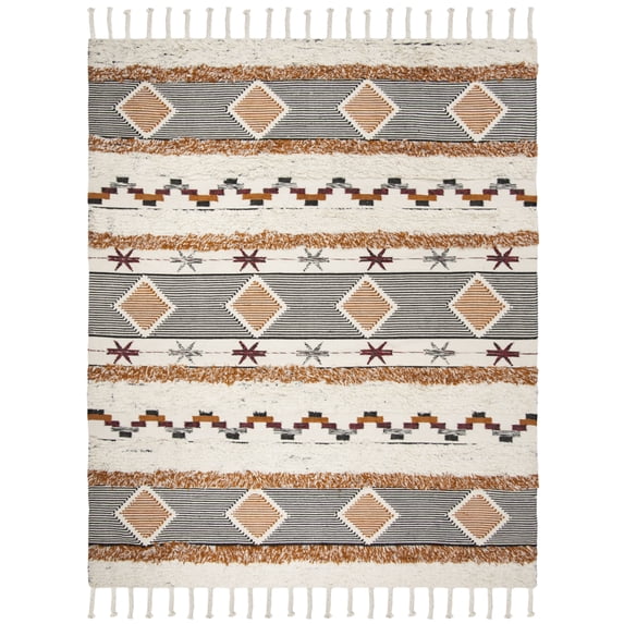 SAFAVIEH Kenya Lynette Diamond Striped Fringe Area Rug, Ivory/Black/Orange, 8' x 10'