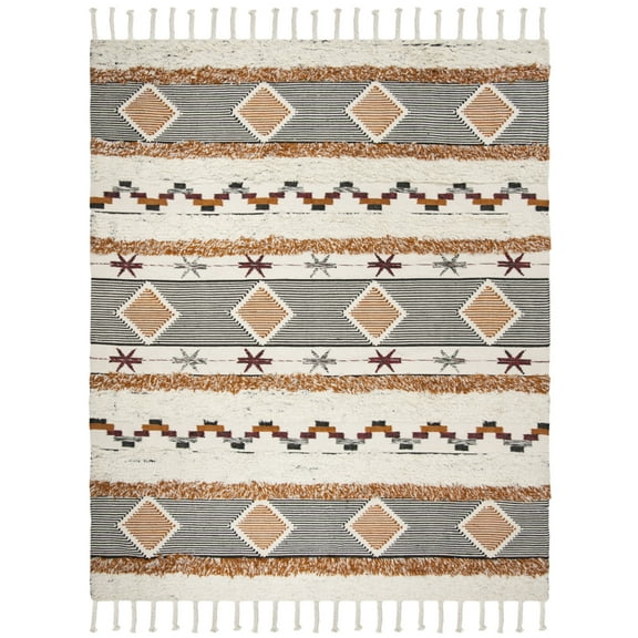 SAFAVIEH Kenya Lynette Diamond Striped Fringe Area Rug, Ivory/Black/Orange, 9' x 12'