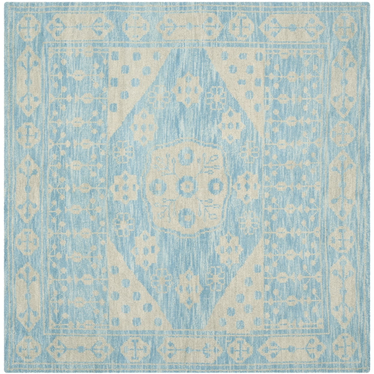 Kenya Hand-Knotted Wool Square Area Rug in Light Blue