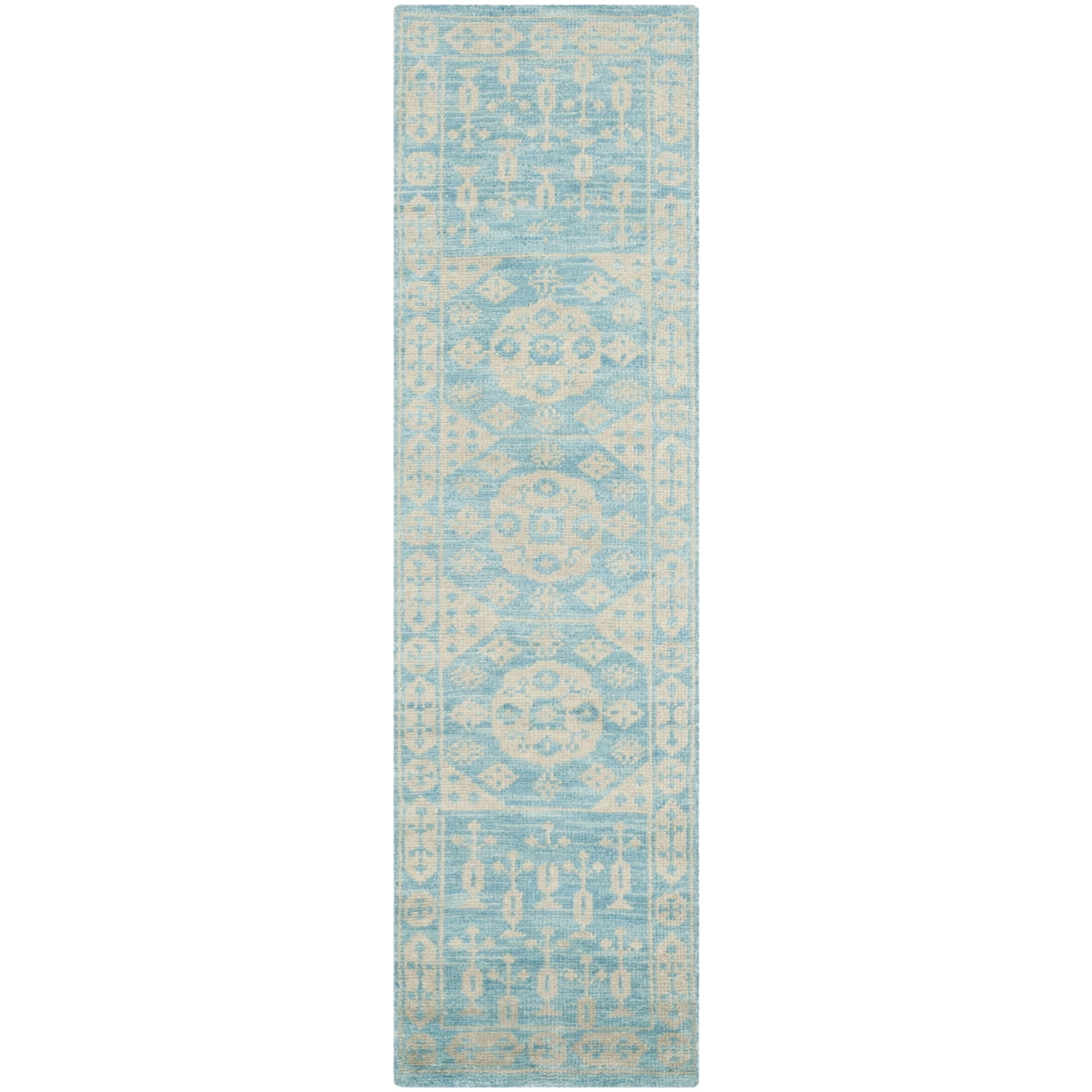 Kenya Hand-Knotted Blue Wool Geometric Runner Rug