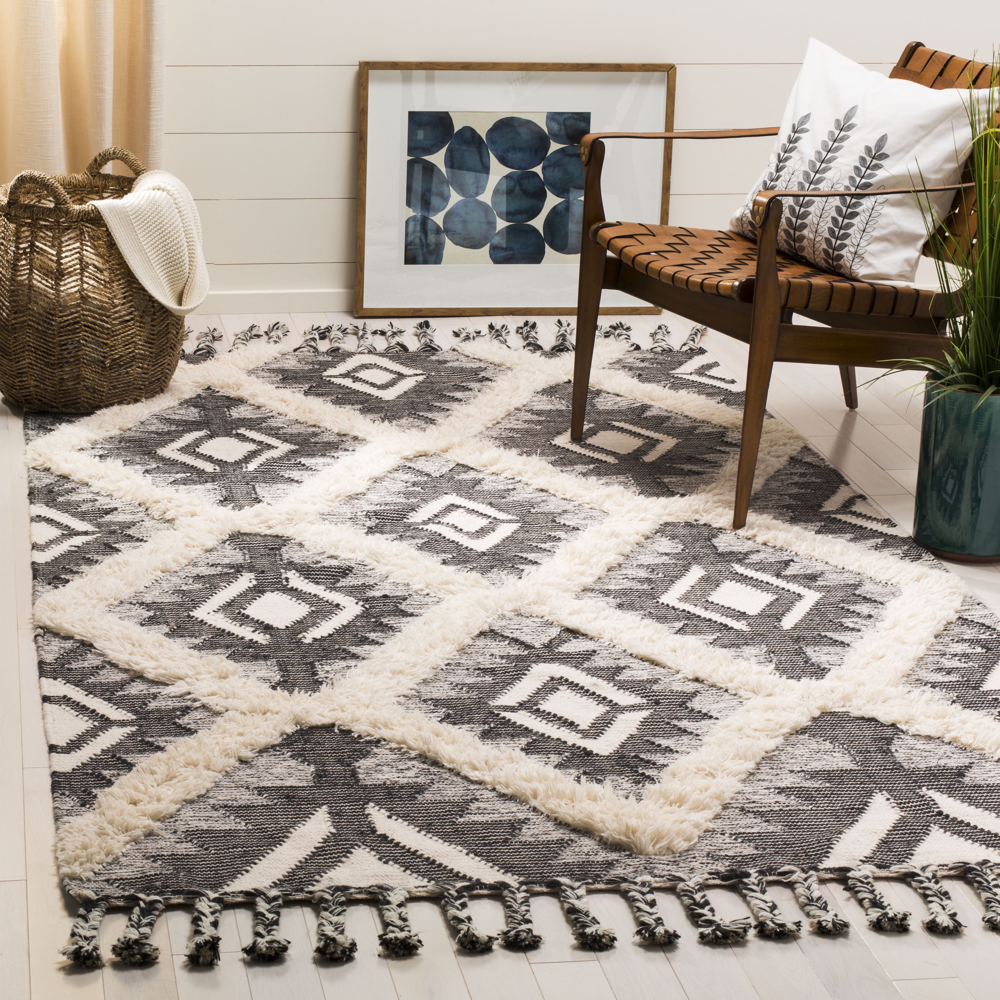 Hand-Knotted Geometric Black Wool 8' x 10' Area Rug