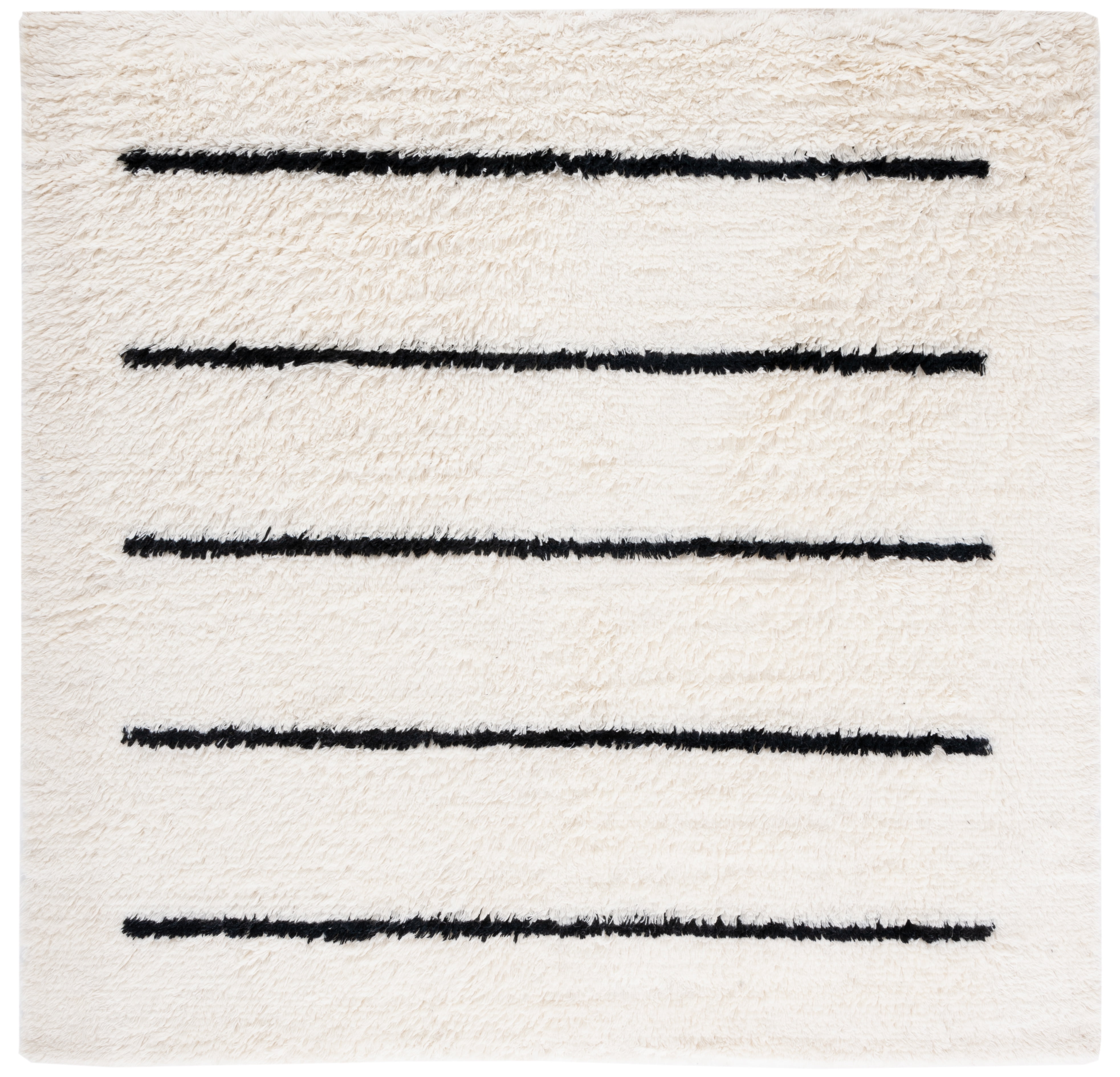 Hand-Knotted Black and Ivory Stripe Wool Square Rug - 7'