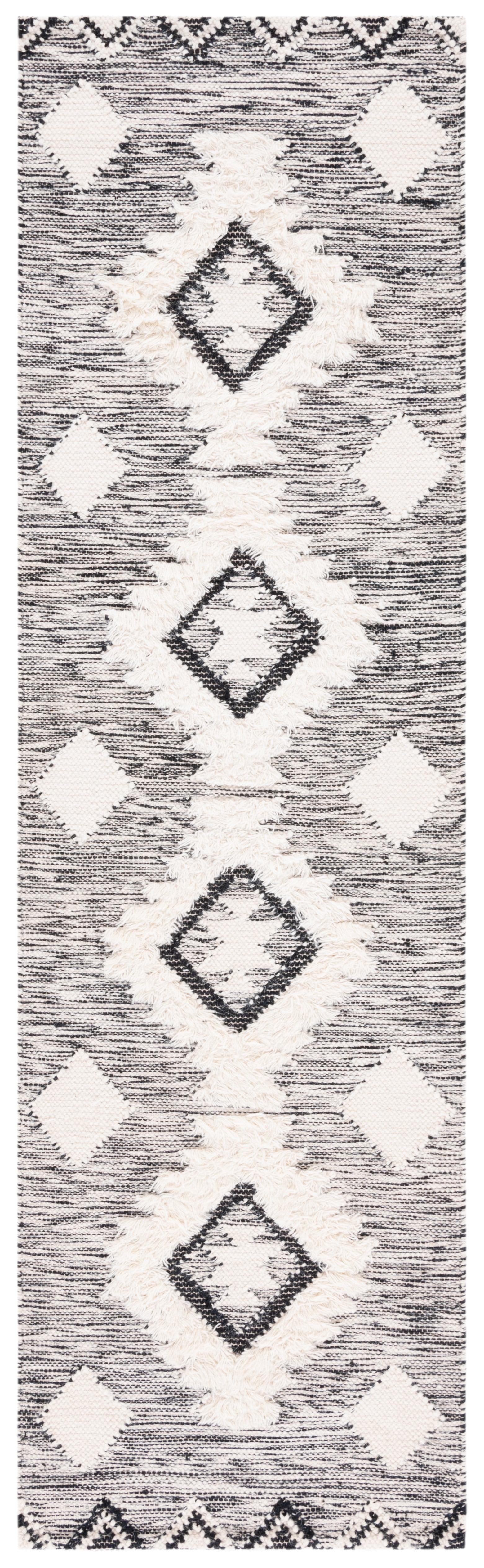 Hand-Knotted Elegance Black and Ivory Wool Runner Rug - 27" x 8"