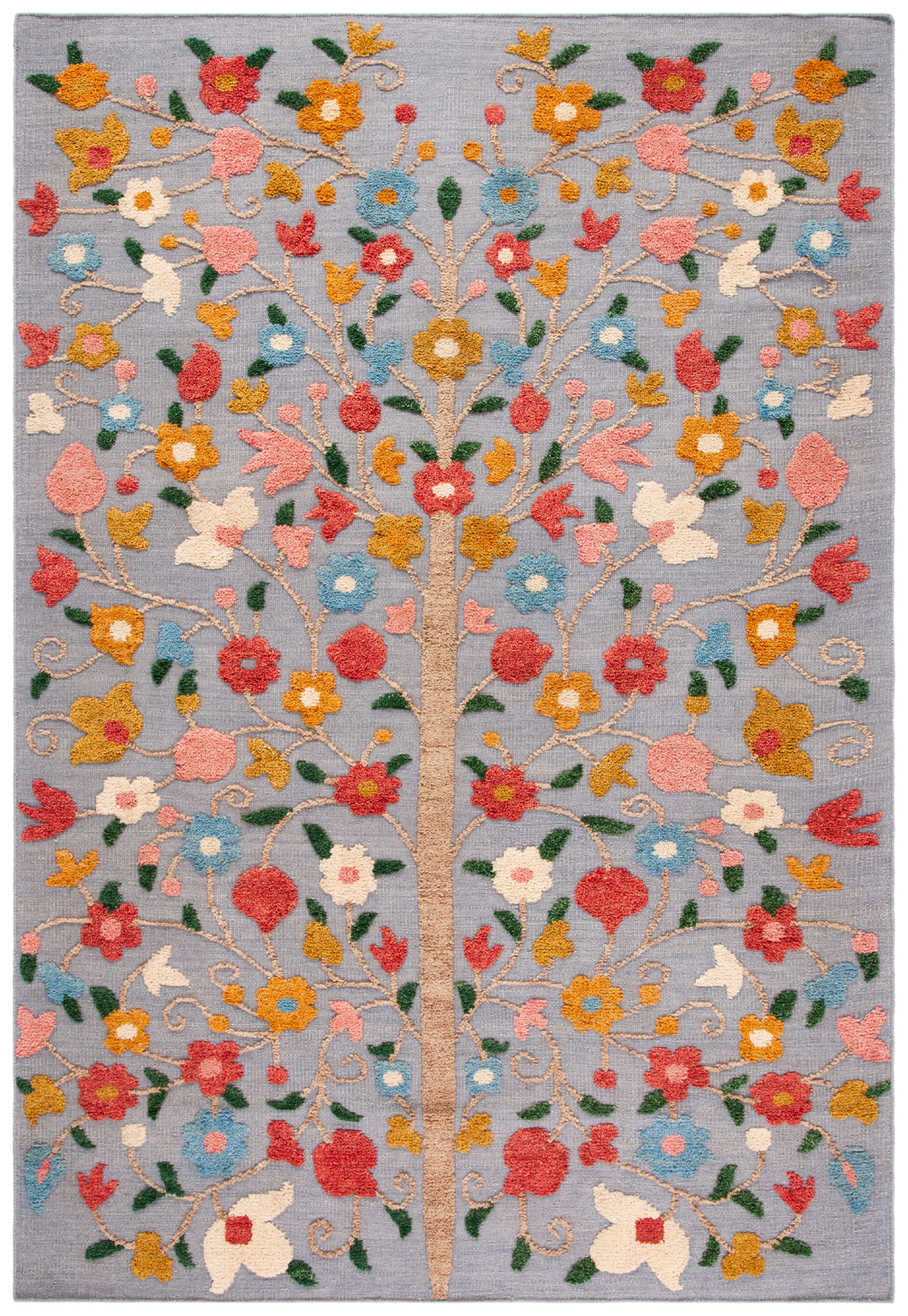 Grey and Pink Hand-Knotted Wool Floral 6' x 9' Area Rug