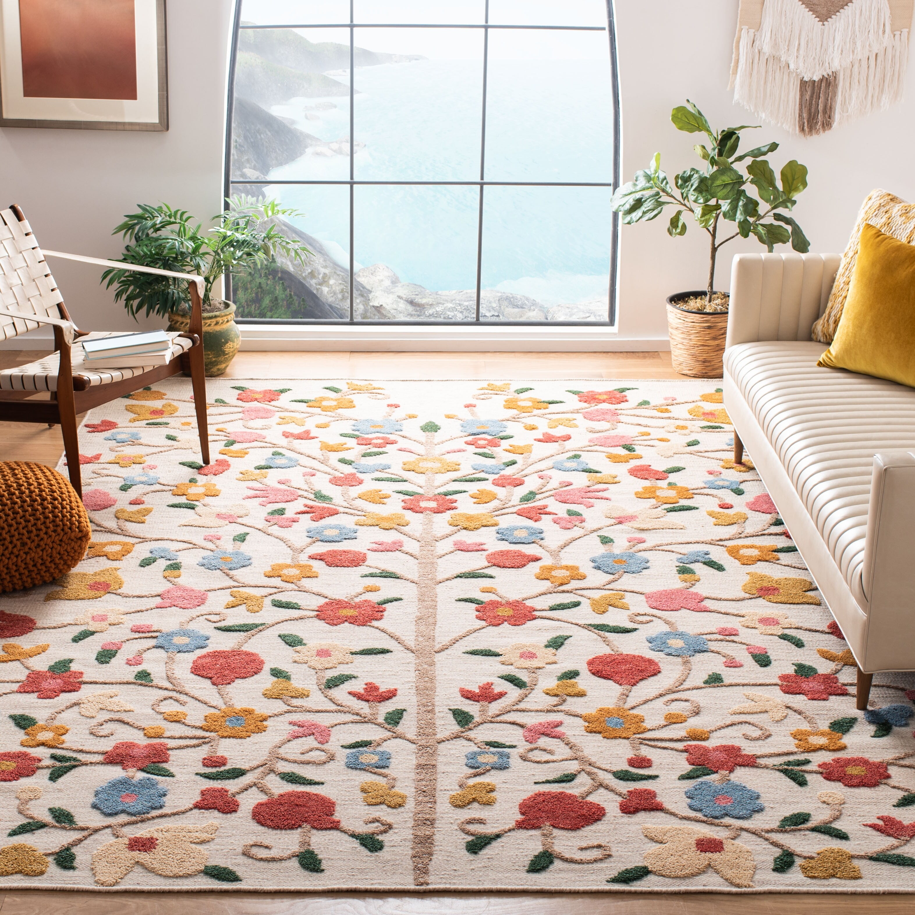 Ivory and Pink Hand-Knotted Wool Tribal Area Rug - 6' x 9'