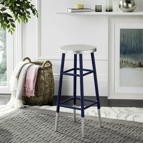 SAFAVIEH Kenzie Iron Silver Dipped 30" Barstool, Navy