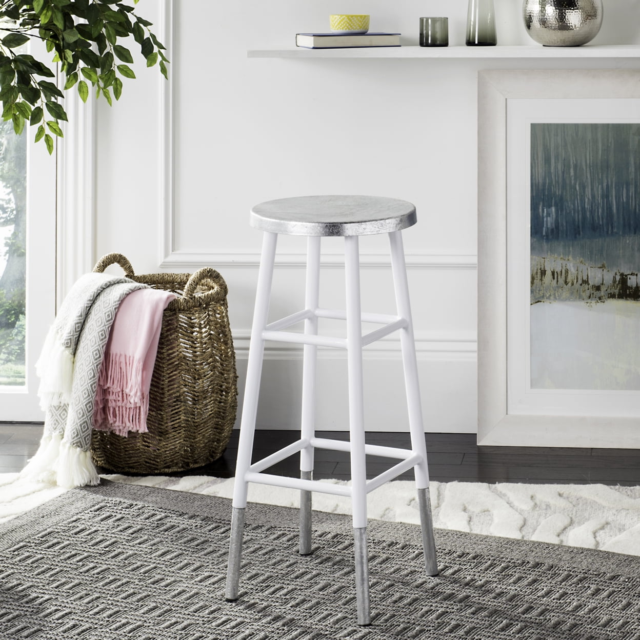Kenzie 30" White and Silver Iron Bar Stool