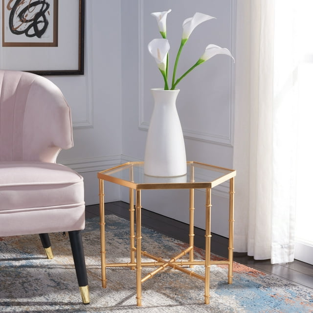SAFAVIEH Kerri Gold Leaf Mirror Top Accent Table Gold / Clear