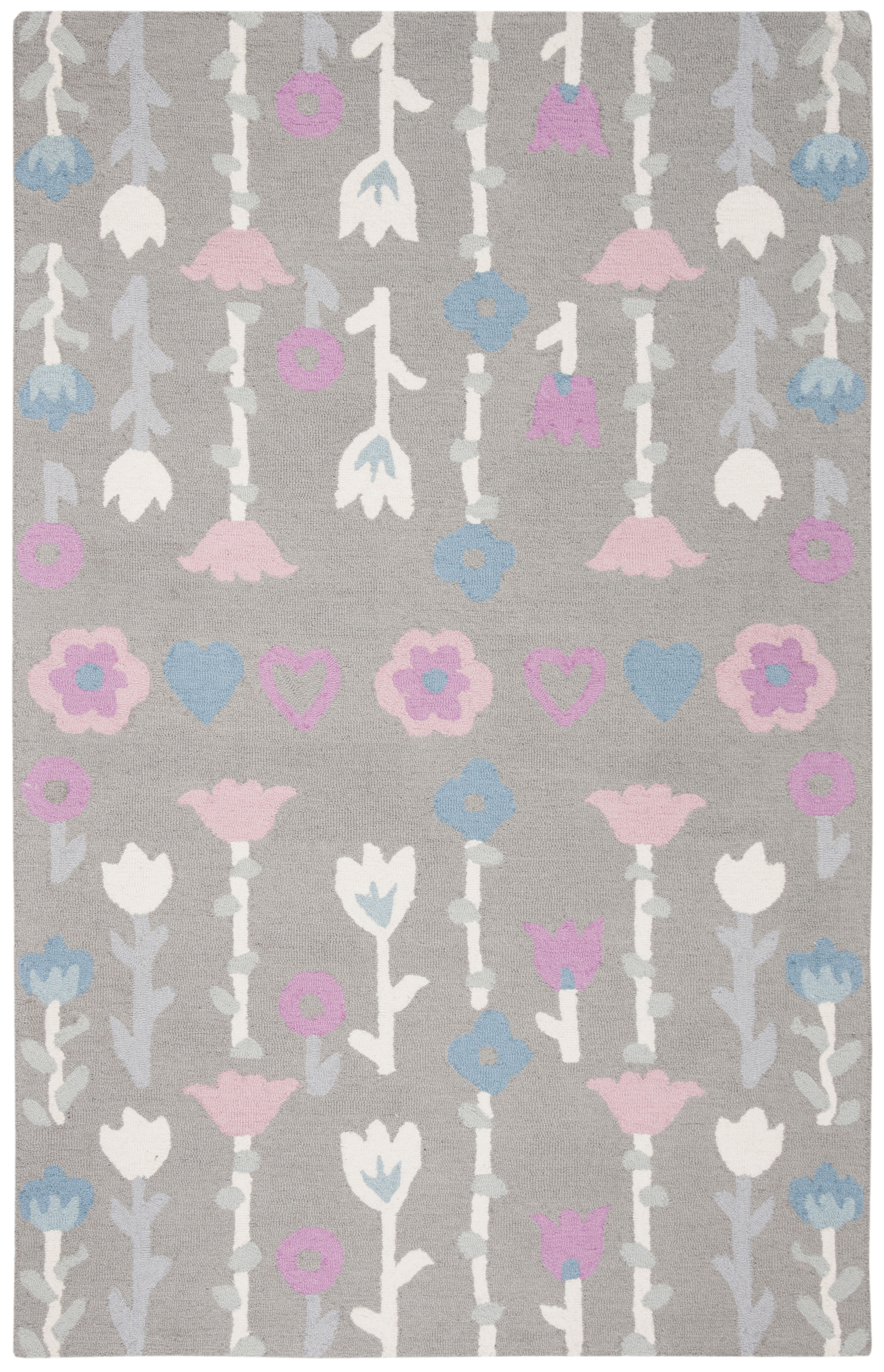 Gray and Pink Floral Hand-Tufted Wool Kids Rug, 3' x 5'
