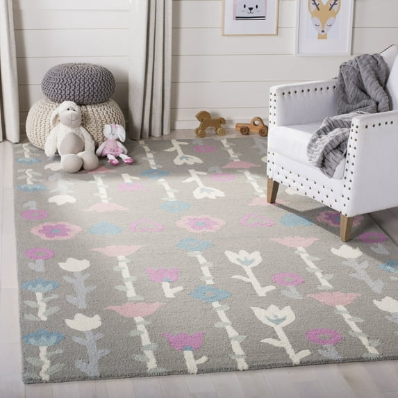 SAFAVIEH Kids Antoinette Floral Wool Area Rug, Grey/Pink, 9' x 12'