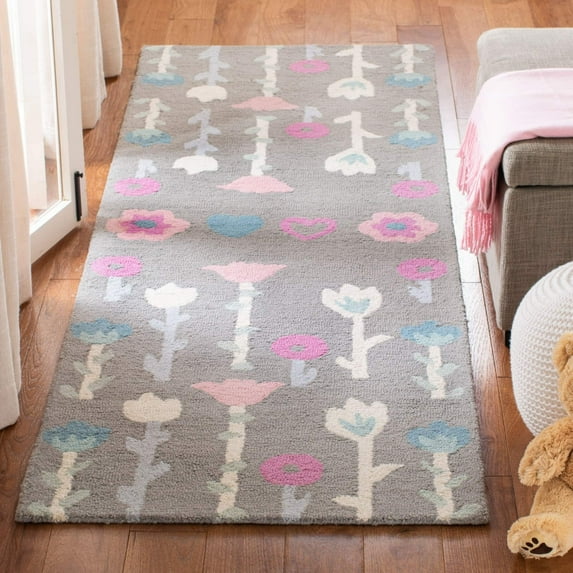 SAFAVIEH Kids Antoinette Floral Wool Runner Rug, Grey/Pink, 2'6" x 8'