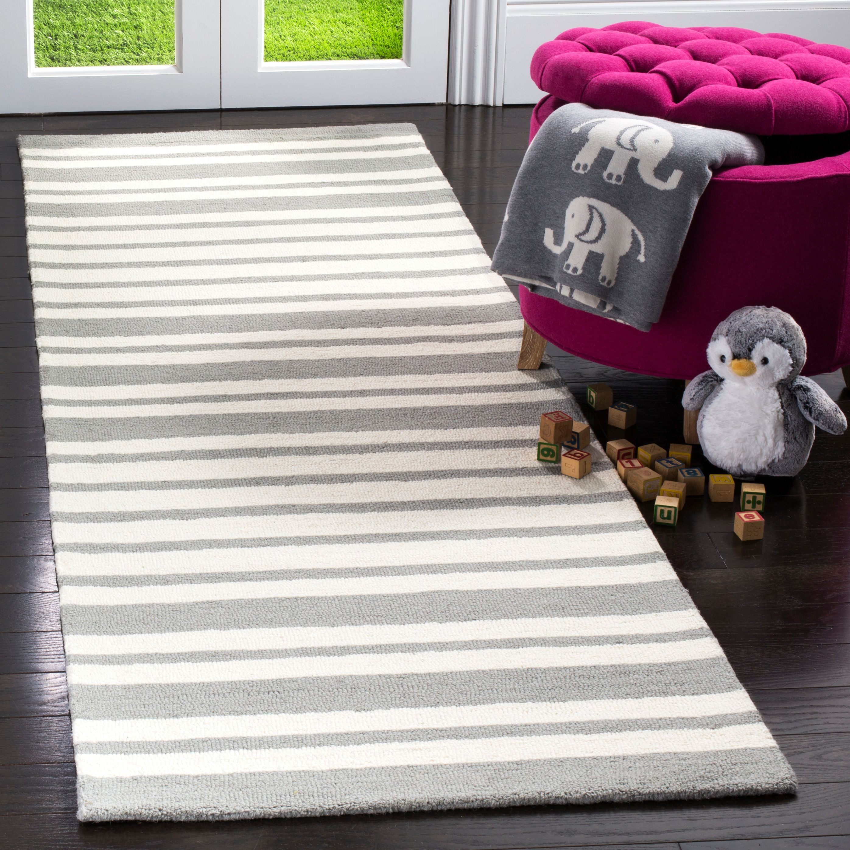 Gray and White Striped Wool Kids Runner Rug