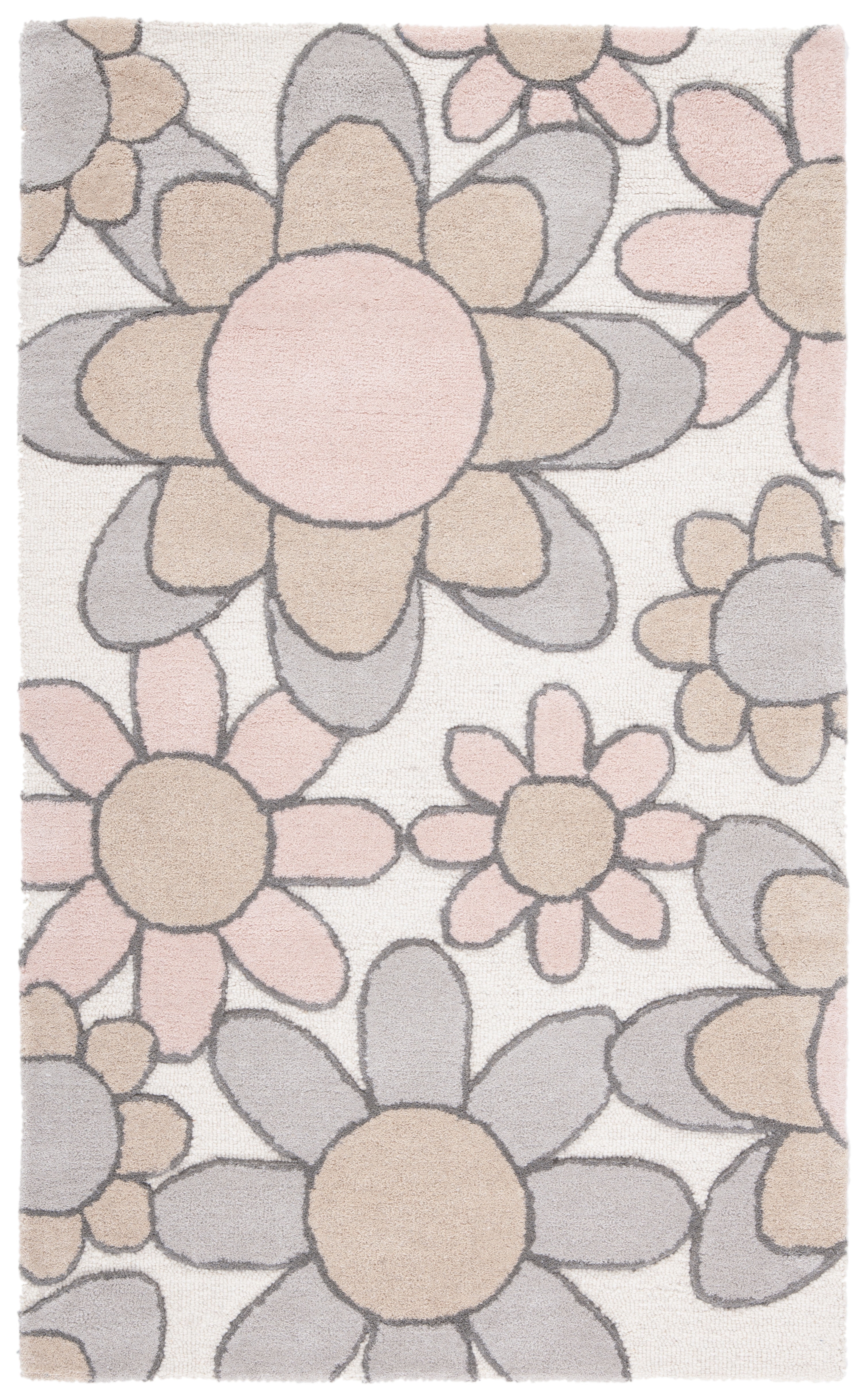 Ivory and Pink Tufted Handmade Wool Kids Rug, 3' x 5'