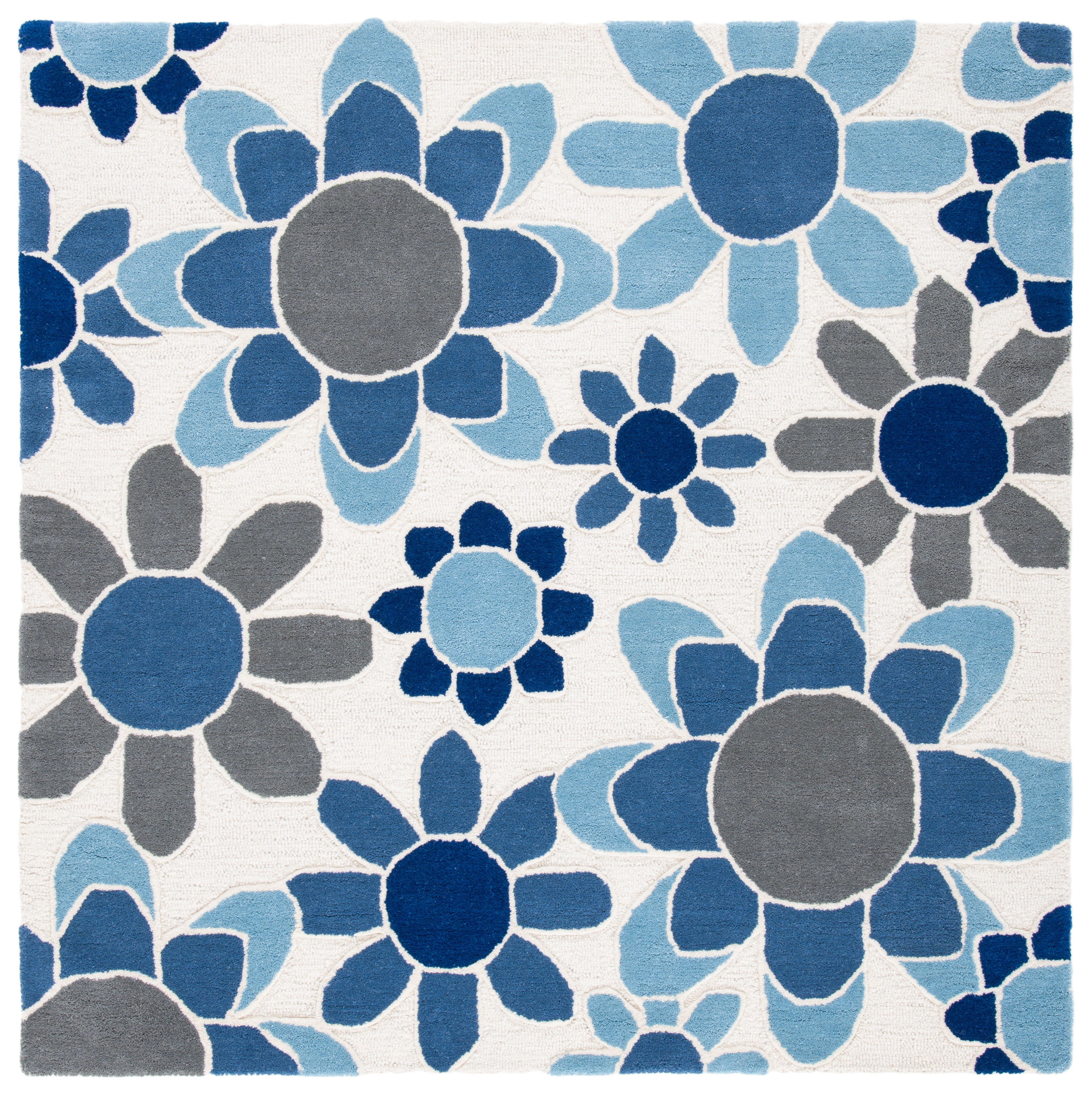 Ivory and Blue Hand-Tufted Wool Kids Square Rug