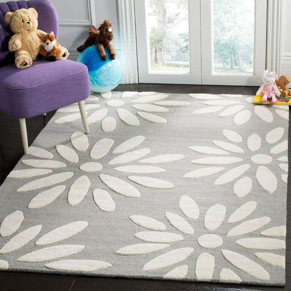 SAFAVIEH Kids Daisy Flowers Wool Area Rug, Grey/Ivory, 4' x 6'