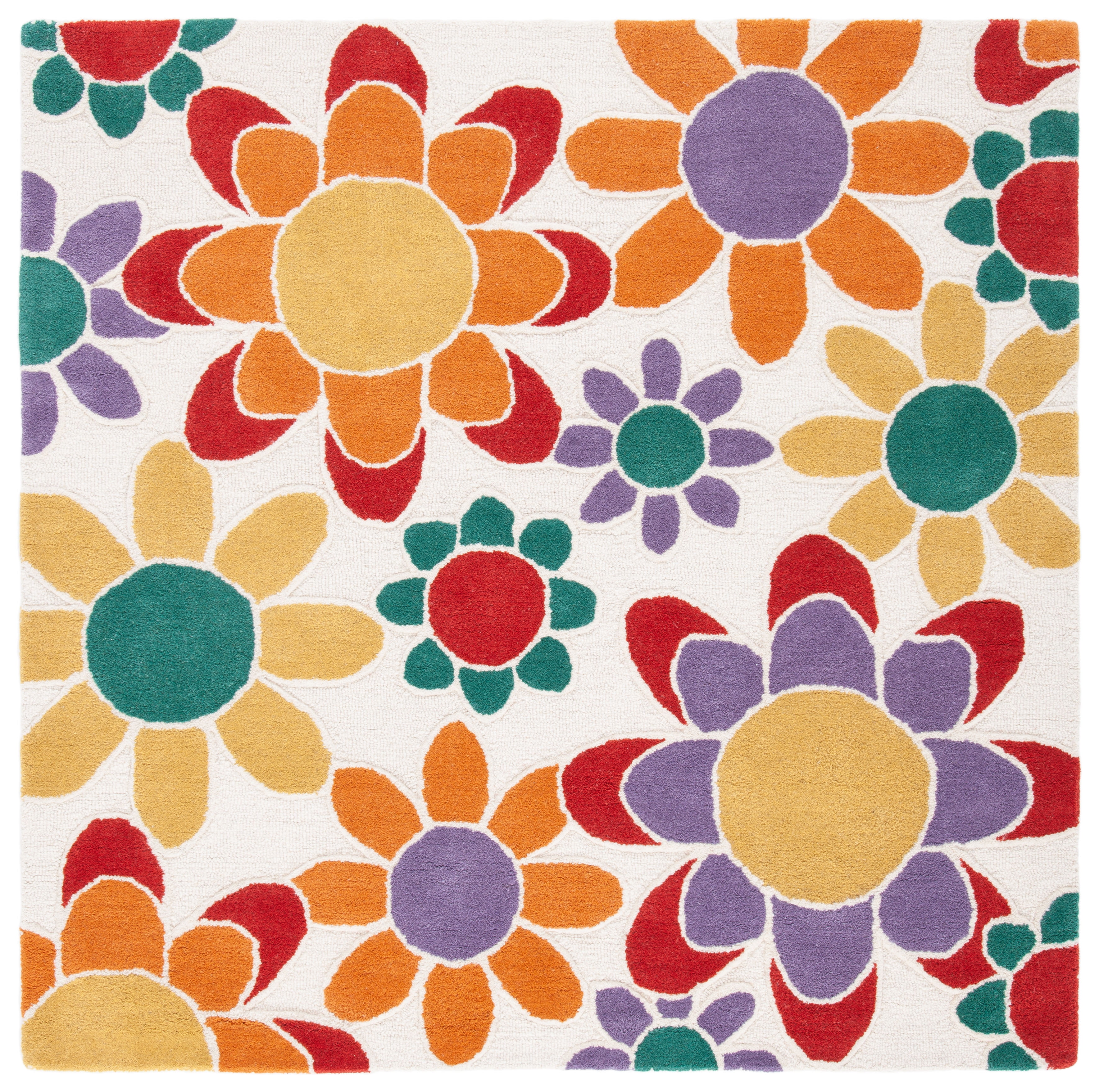 Ivory and Gold Floral Hand-Tufted Wool Kids Rug, 5' x 5'