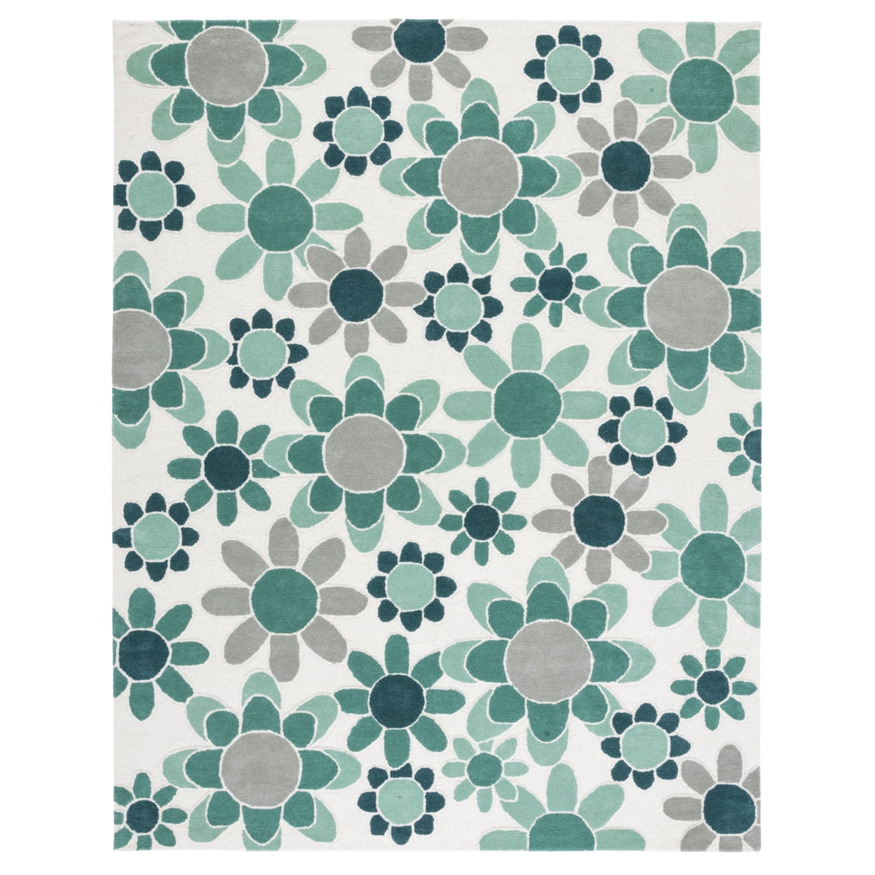 Ivory and Green Floral Hand-Tufted Wool Kids Rug, 3' x 5'