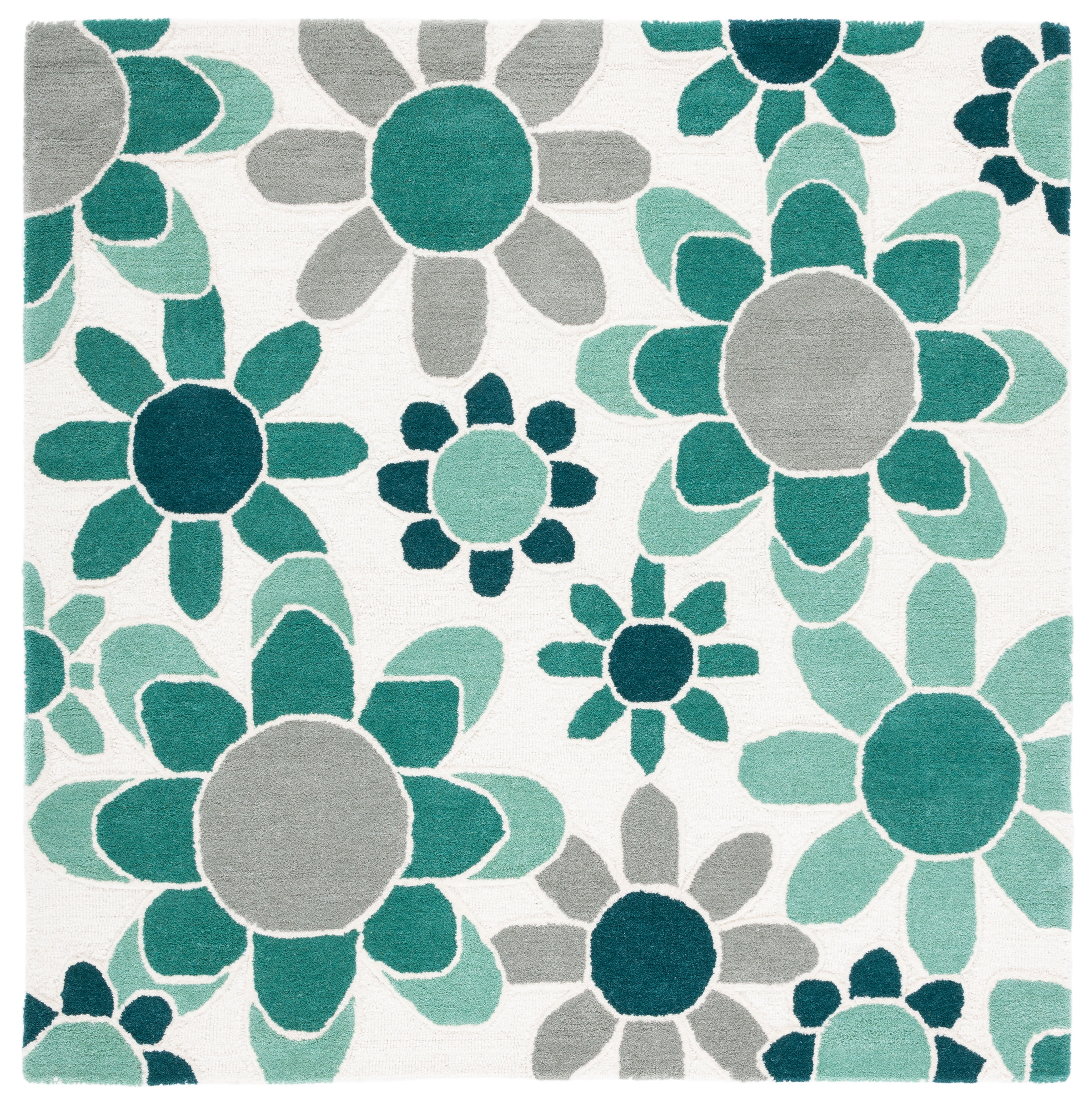 SAFAVIEH Kids Floral Flower Bursts Area Rug, Ivory/Green, 5' x 5' Square