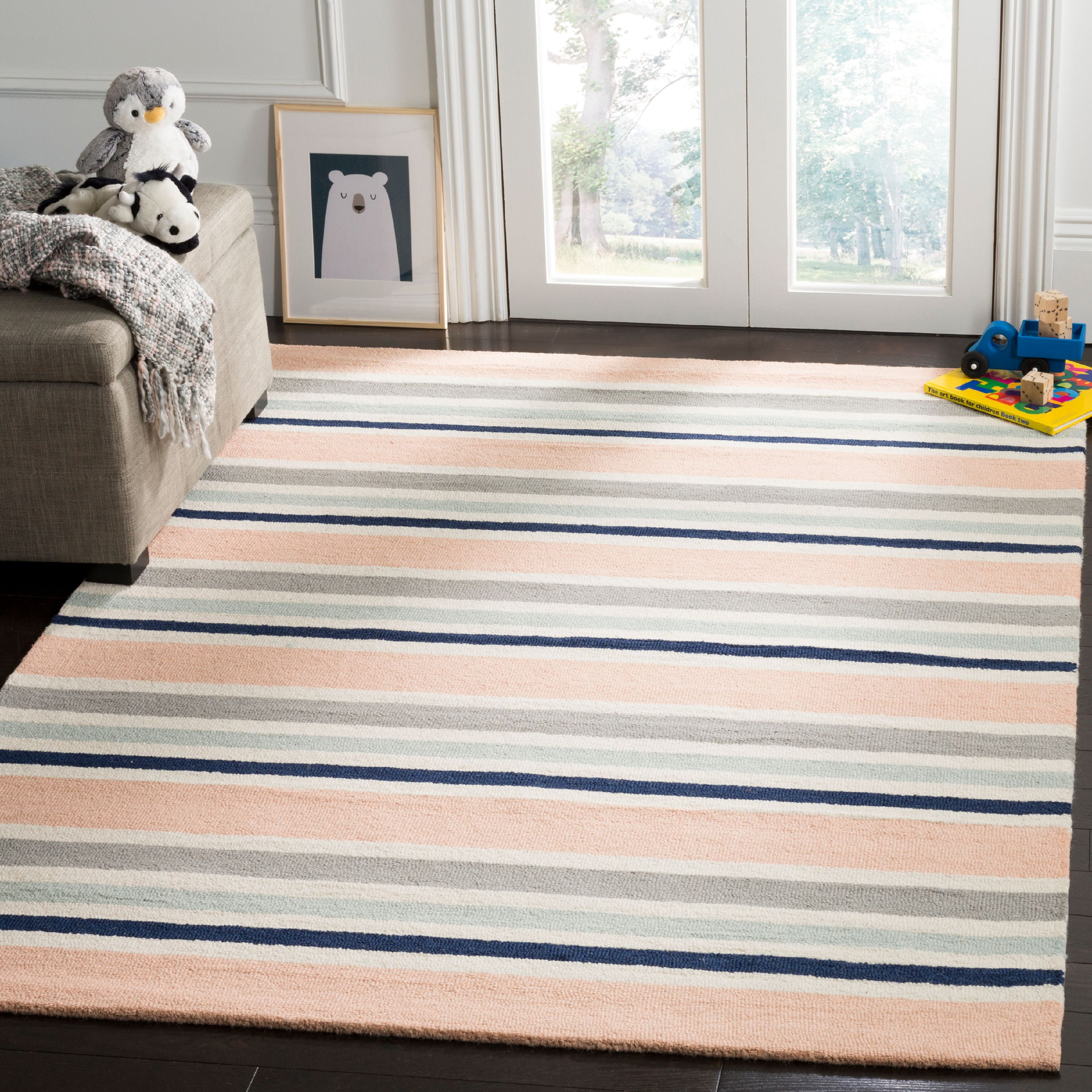 Ivory and Multi Striped Hand-Tufted Wool Kids Rug, 5' x 5'