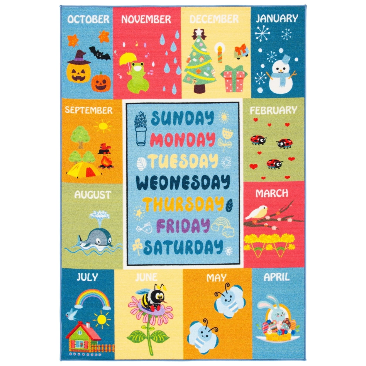Educational Blue and Multicolor Kids Playhouse Rug, 5' x 7'