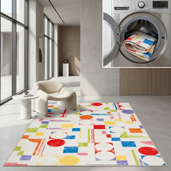 SAFAVIEH Kids Playhouse Abstract Shapes Machine Washable Area Rug, Ivory/Red, 3'3" x 5'3"