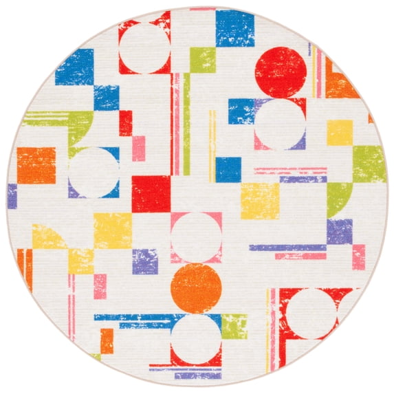 SAFAVIEH Kids Playhouse Abstract Shapes Machine Washable Area Rug, Ivory/Red, 5' x 5' Round