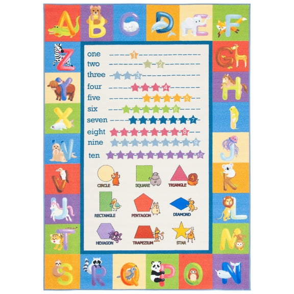 SAFAVIEH Kids Playhouse Alphabet Numbers Shapes Machine Washable Area Rug, Beige/Blue, 6'7" x 9'