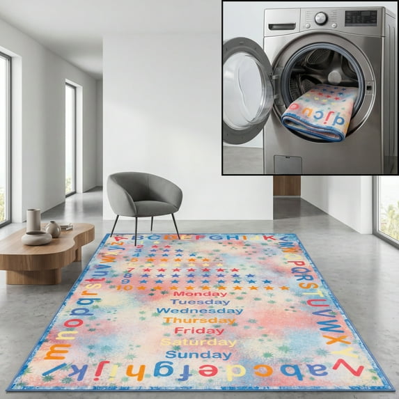 SAFAVIEH Kids Playhouse Alphabet Numbers Shapes Machine Washable Area Rug, Blue/Orange, 6'7" x 9'