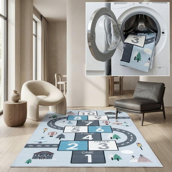 SAFAVIEH Kids Playhouse City Hopscotch Machine Washable Area Rug, Grey/Blue, 2'2" x 4'