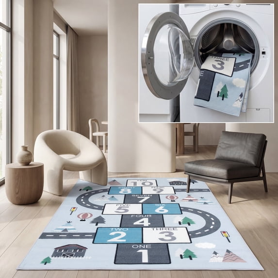 SAFAVIEH Kids Playhouse City Hopscotch Machine Washable Area Rug, Grey/Blue, 7'9" x 10'