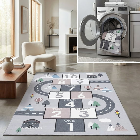 SAFAVIEH Kids Playhouse City Hopscotch Machine Washable Area Rug, Grey/Pink, 2'2" x 4'