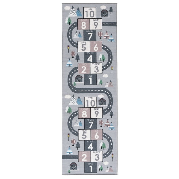 SAFAVIEH Kids Playhouse City Hopscotch Machine Washable Runner Rug, Grey/Pink, 2'2" x 8'