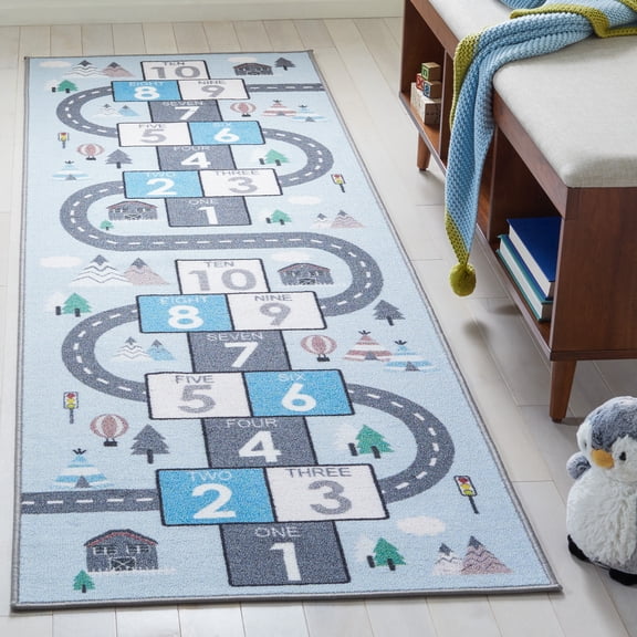 Safavieh Kids Playhouse City Hopscotch Machine Washable Runner Rug, Gray/Blue, 2'2" x 12'