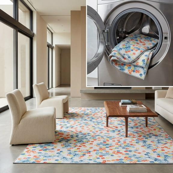 SAFAVIEH Kids Playhouse Colorful Dots Machine Washable Area Rug, Ivory/Blue, 5'5" x 7'7"