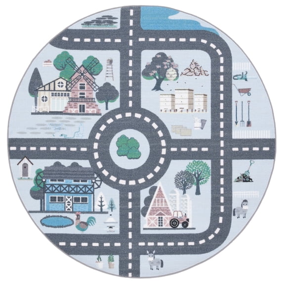 SAFAVIEH Kids Playhouse Farm Crossroads Machine Washable Area Rug, Blue/Dark Grey, 3'3" x 3'3" Round