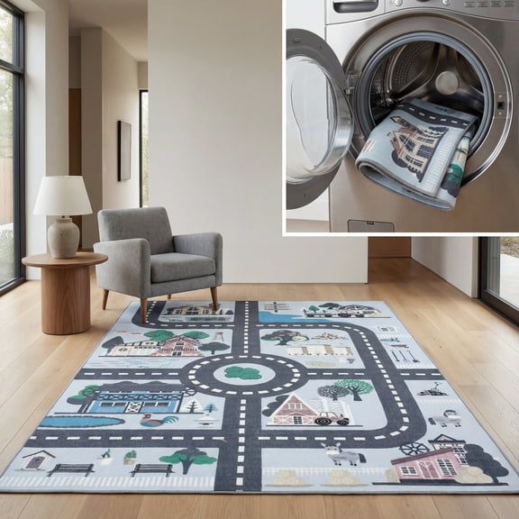 SAFAVIEH Kids Playhouse Farm Crossroads Machine Washable Area Rug, Blue/Dark Grey, 5' x 5' Square