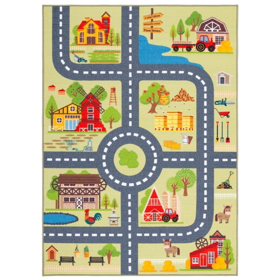 SAFAVIEH Kids Playhouse Farm Crossroads Machine Washable Area Rug, Light Green/Dark Grey, 4'4" x 6'