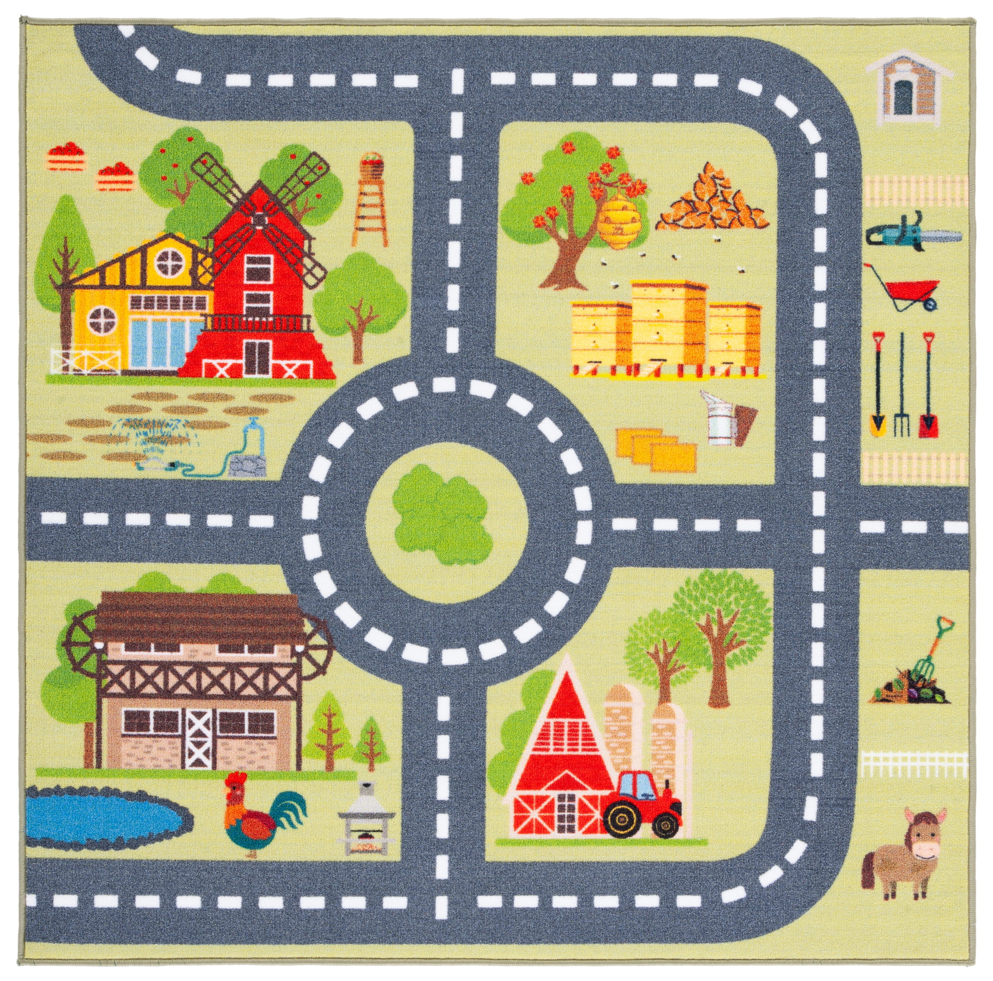 Kids Playhouse Light Green and Dark Gray Square Area Rug