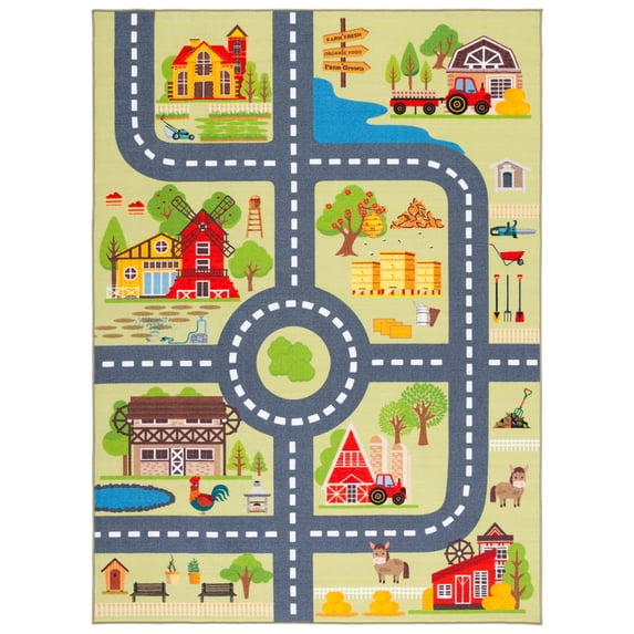 SAFAVIEH Kids Playhouse Farm Crossroads Machine Washable Area Rug, Light Green/Dark Grey, 6'7" x 9'
