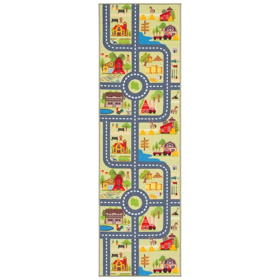 SAFAVIEH Kids Playhouse Farm Crossroads Machine Washable Runner Rug, Light Green/Dark Grey, 2'2" x 8'