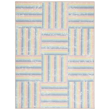 SAFAVIEH Kids Playhouse Geometric Stripes Machine Washable Area Rug, Ivory/Blue, 3'3" x 5'3"