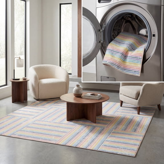 SAFAVIEH Kids Playhouse Geometric Stripes Machine Washable Area Rug, Ivory/Blue, 5'5" x 7'7"