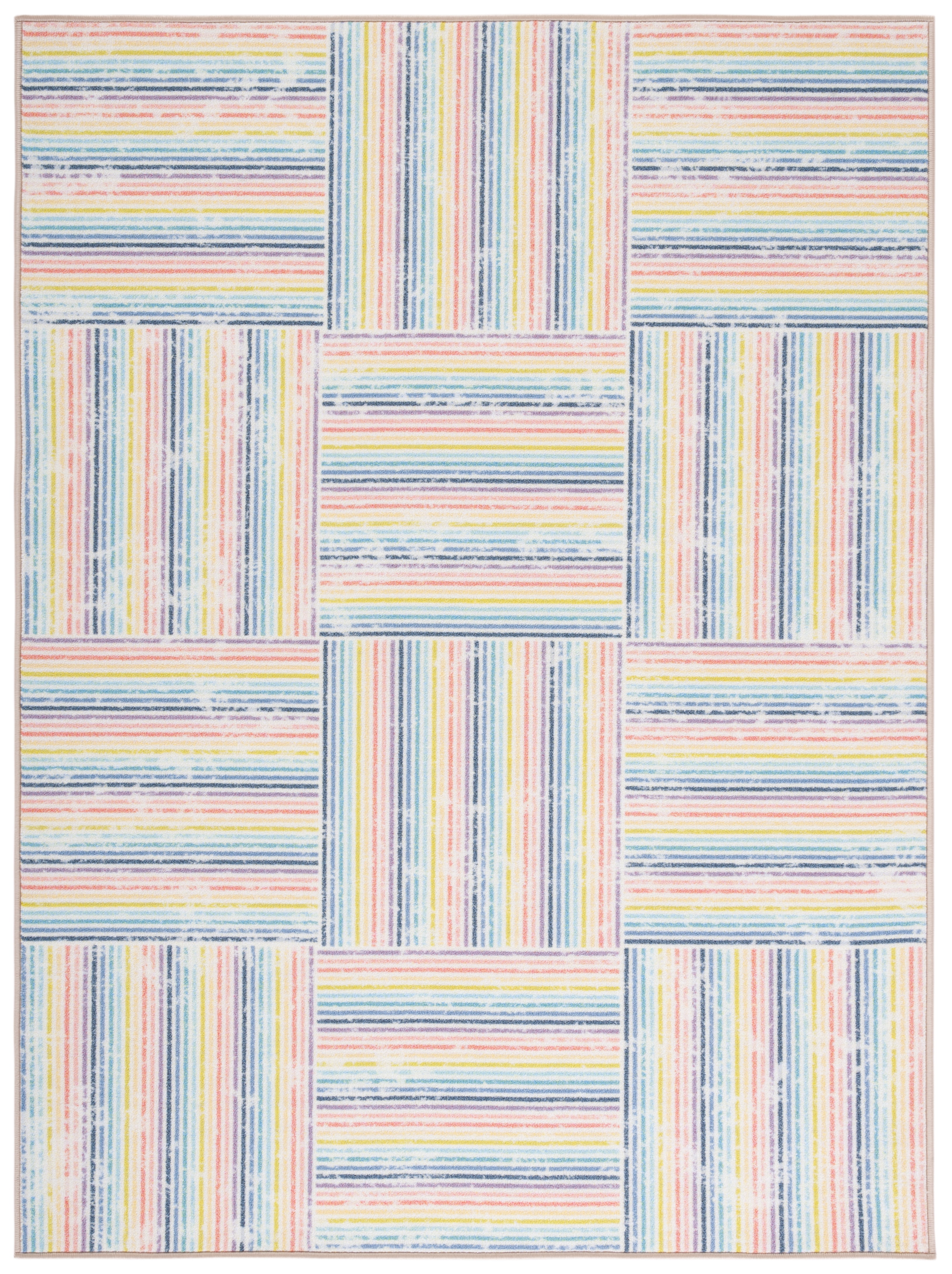Ivory and Blue Geometric Stripes Kids Playhouse Rug, 6'7" x 9'