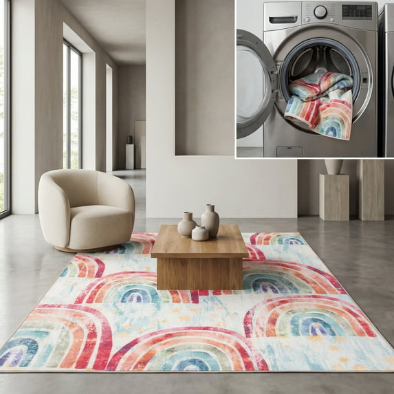 SAFAVIEH Kids Playhouse Many Rainbows Machine Washable Area Rug, Blue/Ivory, 5'5" x 7'7"