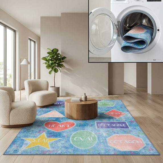 SAFAVIEH Kids Playhouse Many Shapes Machine Washable Area Rug, Blue/Pink, 6'7" x 9'