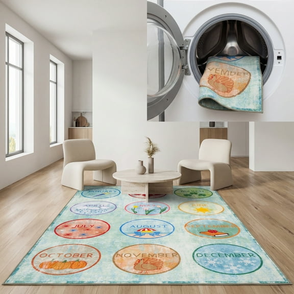 SAFAVIEH Kids Playhouse Months of the Year Machine Washable Area Rug, Green/Blue, 3'3" x 5'3"