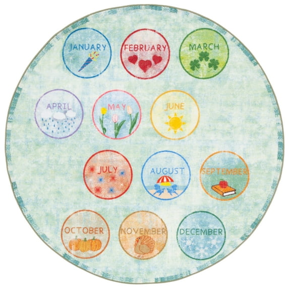 SAFAVIEH Kids Playhouse Months of the Year Machine Washable Area Rug, Green/Blue, 5' x 5' Round