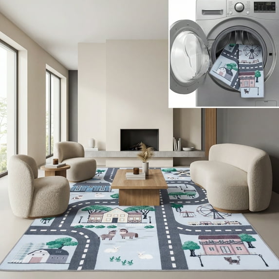 SAFAVIEH Kids Playhouse Ranch Crossroads Machine Washable Area Rug, Blue/Dark Grey, 5'5" x 7'7"