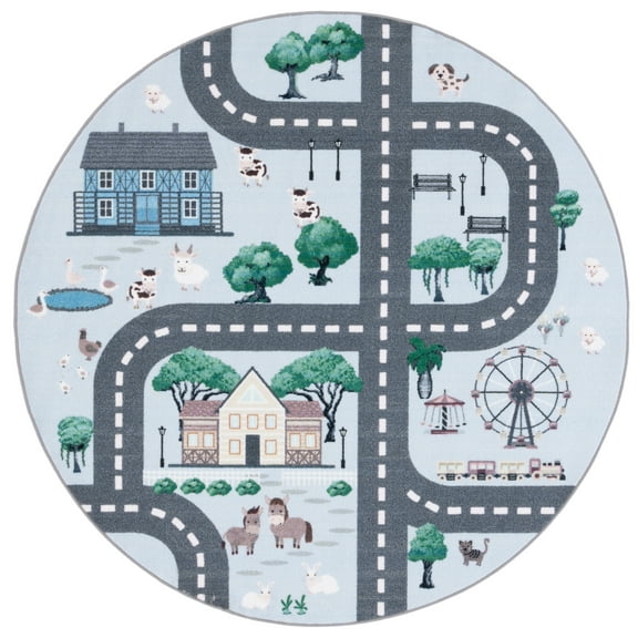 SAFAVIEH Kids Playhouse Ranch Crossroads Machine Washable Area Rug, Blue/Dark Grey, 5' x 5' Round
